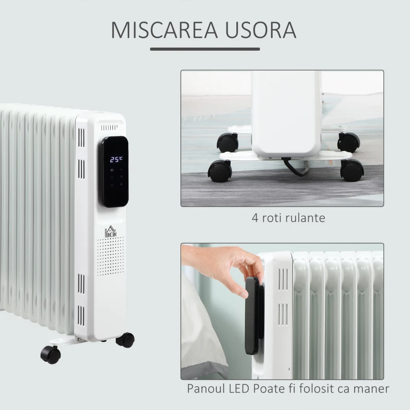 HOMCOM Radiator cu Ulei 11 Elementi, 3 Nivele de Incalzire, Timer si Temperatura Reglabila, 50.5x24x63cm - Alb