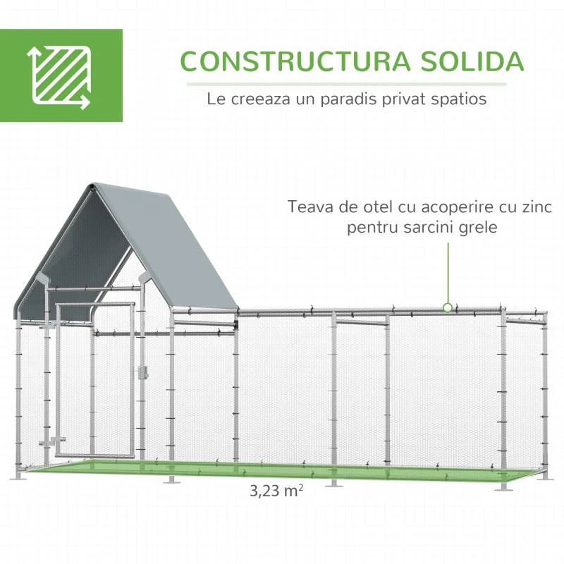 Gard pentru Gaini PawHut din Otel Galvanizat cu Prelata de Protectie din Tesatura Oxford, Argintiu, 302x107x172cm(m-6)