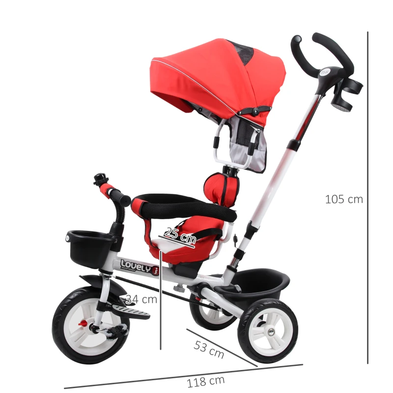 HOMCOM Triciclo para bebê acima de 18 meses 4 em 1 Evolutivo Giratório Brinquedo de Aprendizagem de Controle Parental 118x53x105 cm Vermelho