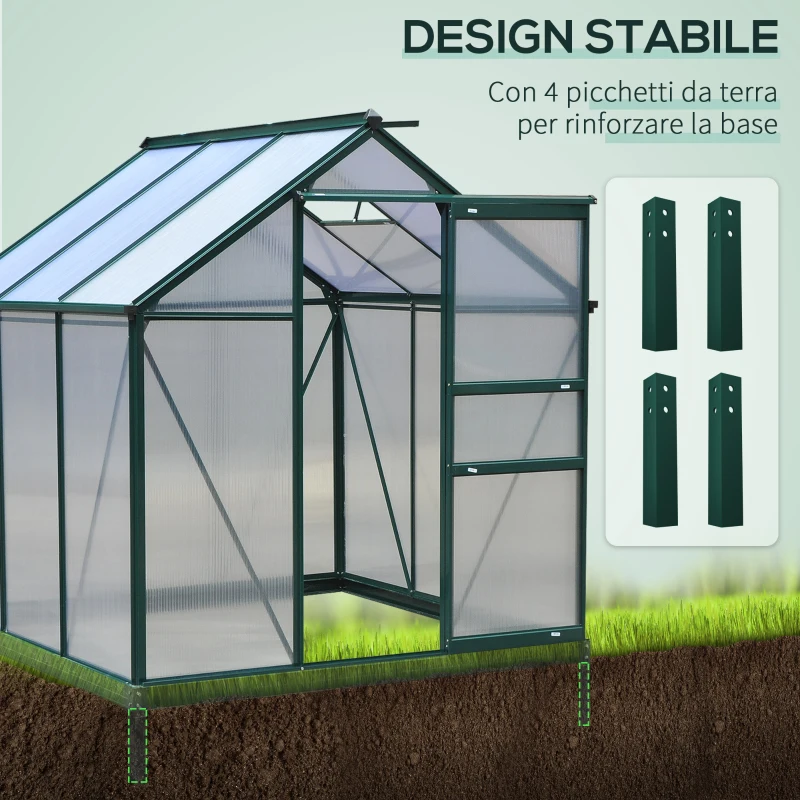 Outsunny Serra da Giardino in Policarbonato 190x192x201cm, Serra per Piante con Base, Finestra, Porta Scorrevole e Struttura in Alluminio, Verde Scuro
