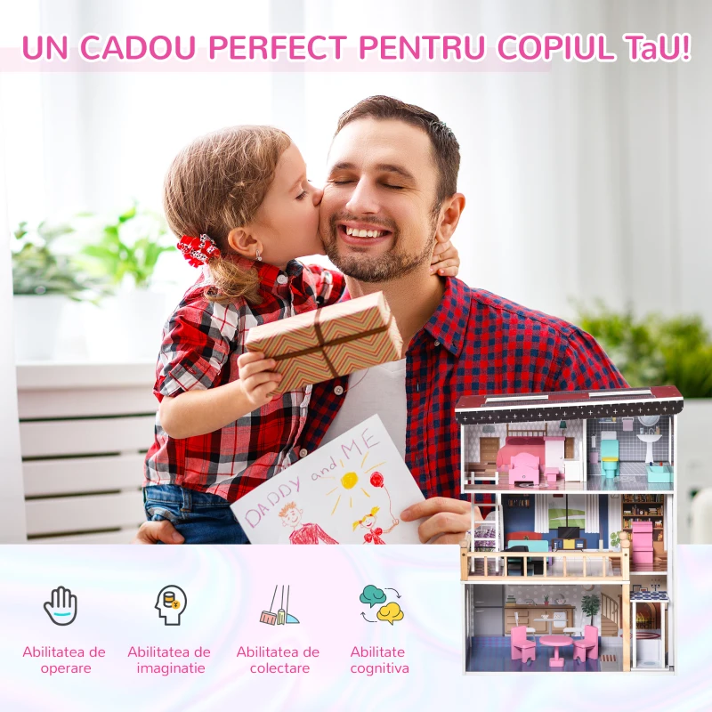 HOMCOM Casa din Lemn pentru Papusi cu 3 Etaje cu Ascensor, cu Scari si 13 Accesorii pentru Copii de 3-6 Ani, 60x30x80cm - Roz