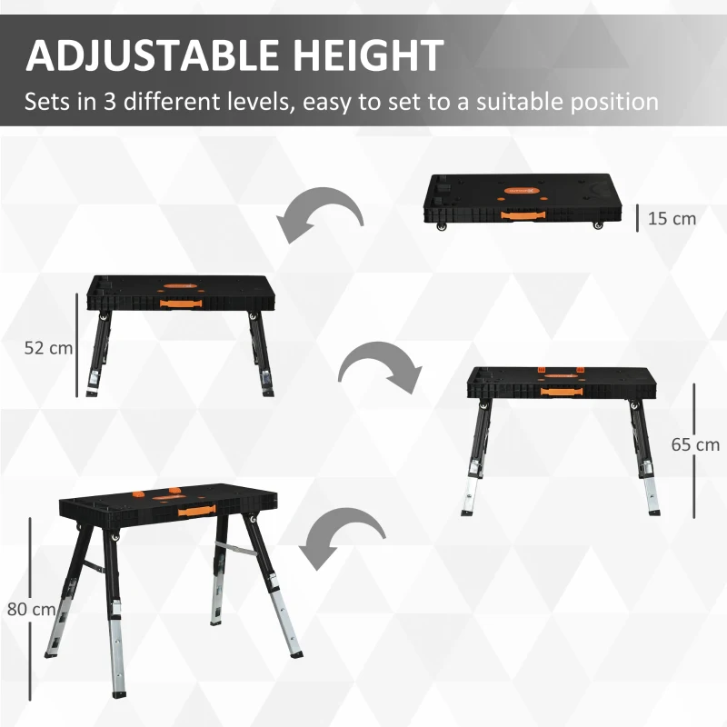 DURHAND 5 In 1 Multi-function Folding Workbench, Adjustable Work Bench, Sawhorse, Dolly, Creeper with Wheels, Printed Scale and Angle for Home, Garage, Black