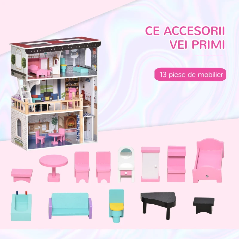 HOMCOM Casa din Lemn pentru Papusi cu 3 Etaje cu Ascensor, cu Scari si 13 Accesorii pentru Copii de 3-6 Ani, 60x30x80cm - Roz