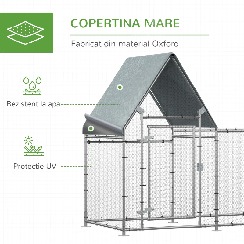 Gard pentru Gaini PawHut din Otel Galvanizat cu Prelata de Protectie din Tesatura Oxford, Argintiu, 302x107x172cm(m-4)