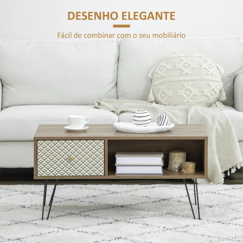 HOMCOM Mesa de Centro Estilo Boho com Gaveta Compartimentos de Armazenamento e Pés de Metal Elevados 60x45x46cm Madeira