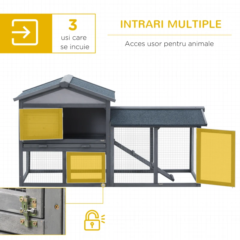 PawHut cusca pentru iepuri, cu tarc, 147x54x84 cm, gri(m-4)