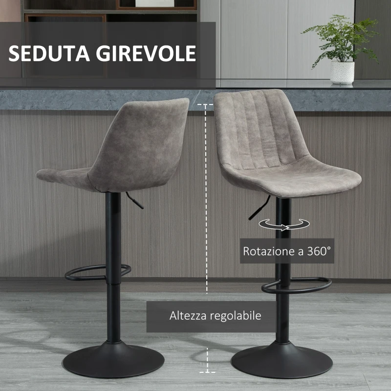 HOMCOM Set 2 Sgabelli da Bar con Schienale, Poggiapiedi e Altezza Regolabile Stile Industriale, Grigio