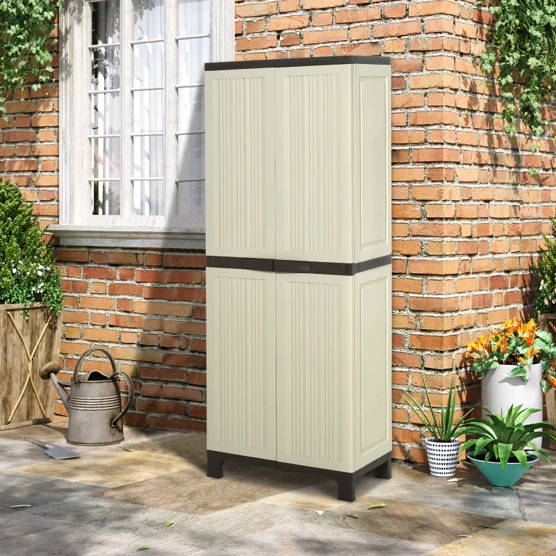 Outsunny Tall Plastic Utility Cabinet Garden Tool Shed Patio Double Door Storage Closet Wardrobe w/ Four Adjustable Shelves, 65x37x172cm, Beige