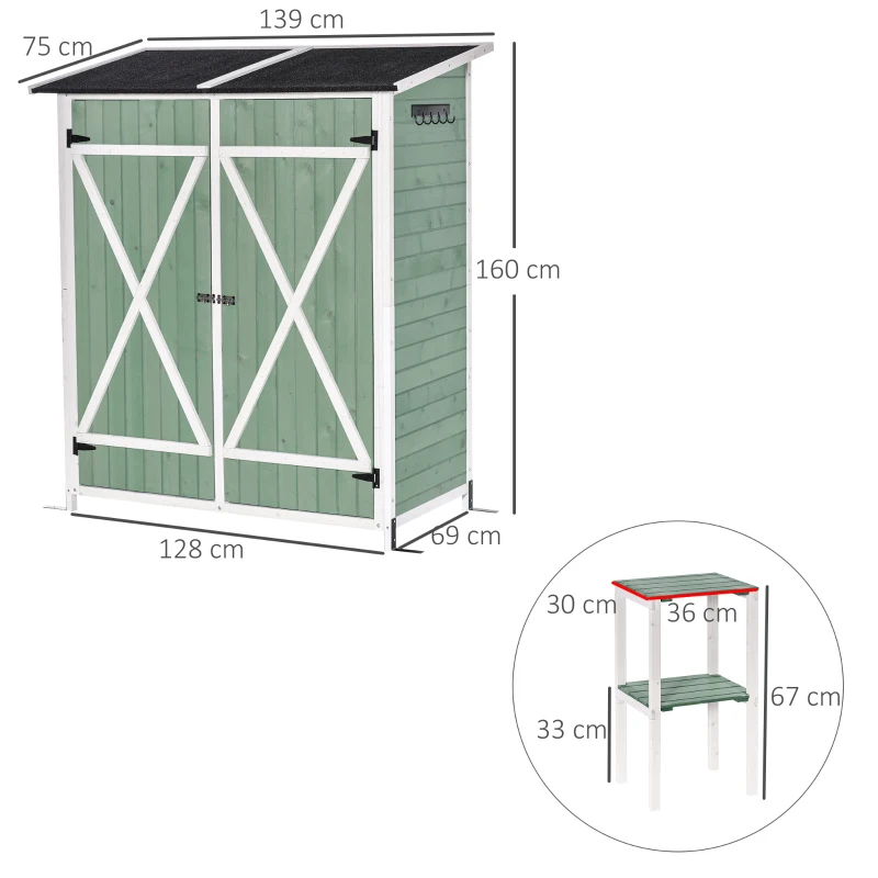 Outsunny Small Shed, Wooden Garden Shed with Flexible Table, Hooks and Ground Nails, Lockable Tool Shed with Asphalt Roof, 140 x 75 x 157cm, Green