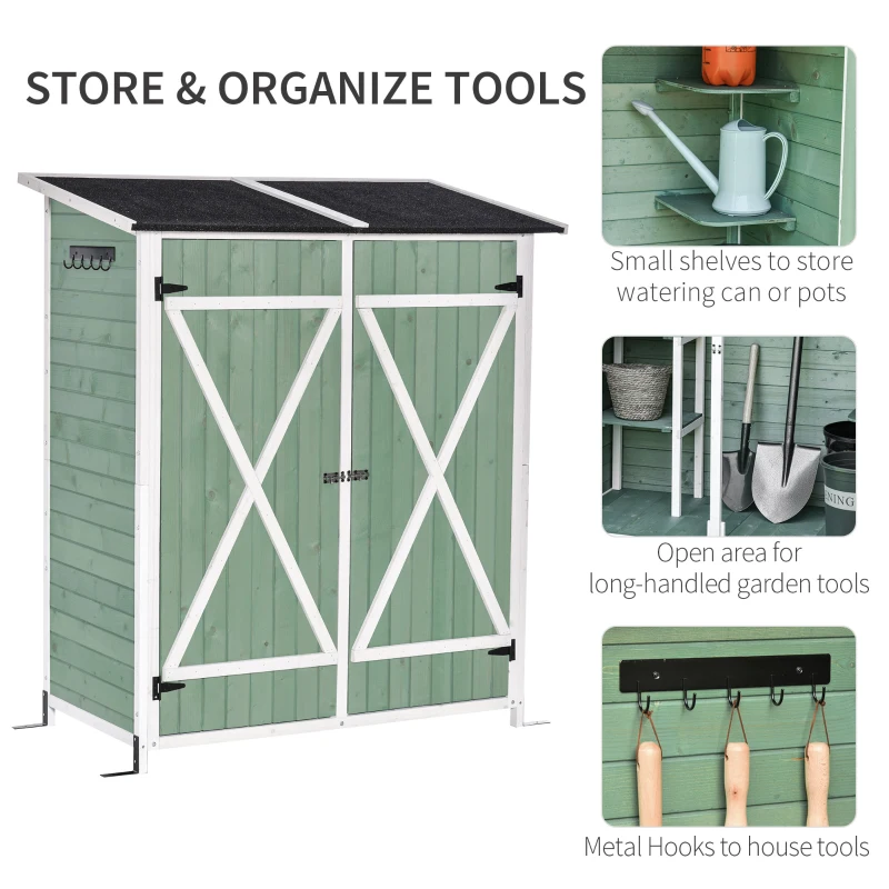 Outsunny Small Shed, Wooden Garden Shed with Flexible Table, Hooks and Ground Nails, Lockable Tool Shed with Asphalt Roof, 140 x 75 x 157cm, Green
