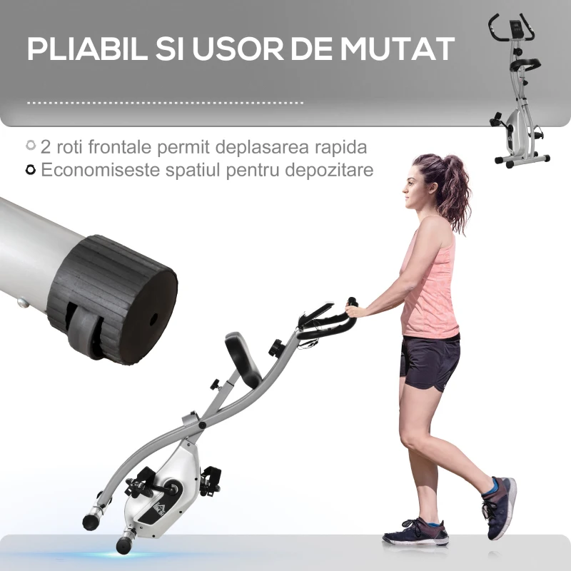 HOMCOM Bicicleta Pliabila cu Rezistenta Magnetica pe 8 nivele, Monitor LCD si Ritm Cardiac