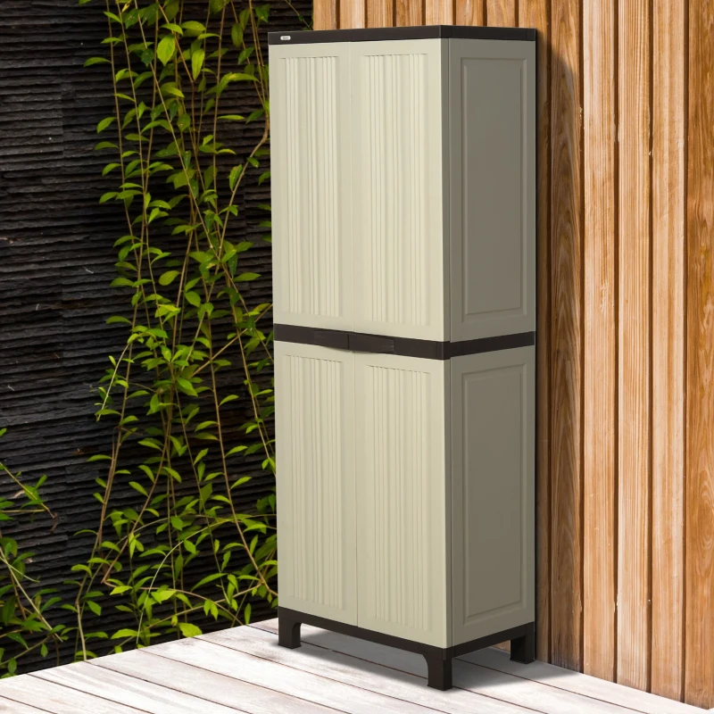 Outsunny Tall Plastic Utility Cabinet Garden Tool Shed Patio Double Door Storage Closet Wardrobe w/ Four Adjustable Shelves, 65x37x172cm, Beige