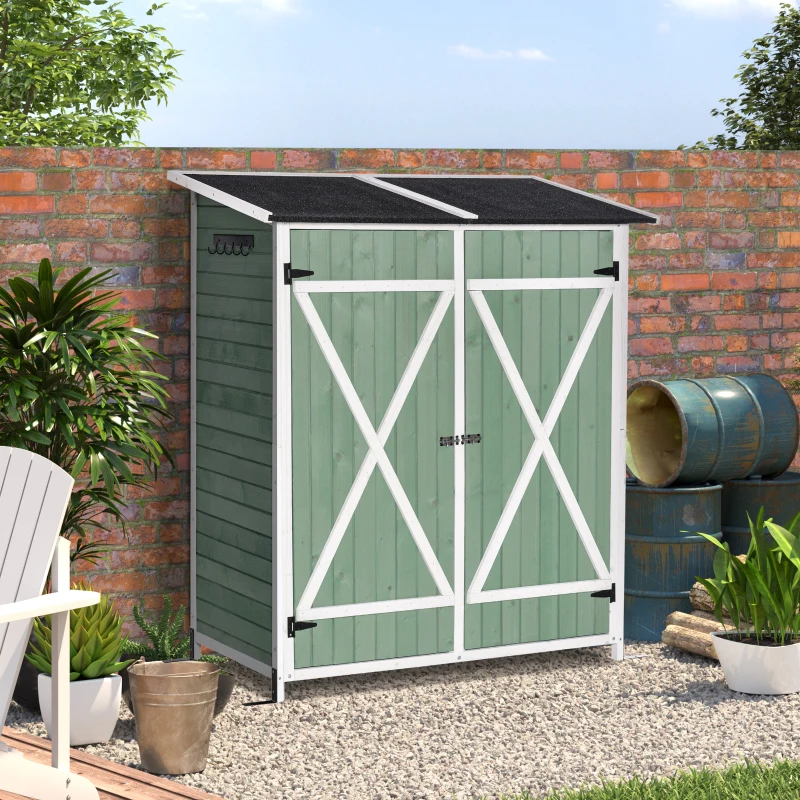 Outsunny Small Shed, Wooden Garden Shed with Flexible Table, Hooks and Ground Nails, Lockable Tool Shed with Asphalt Roof, 140 x 75 x 157cm, Green