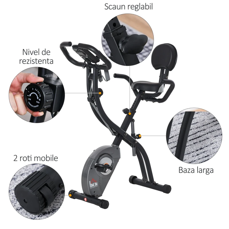 Homcom Bicicleta Fitness Pliabila – Cu Spatar, LCD & Benzi Elastice