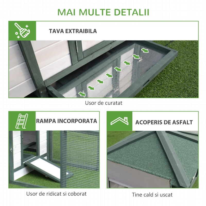 PawHut cotet de gaini, lemn 196x76x97cm, alb/verde(m-7)