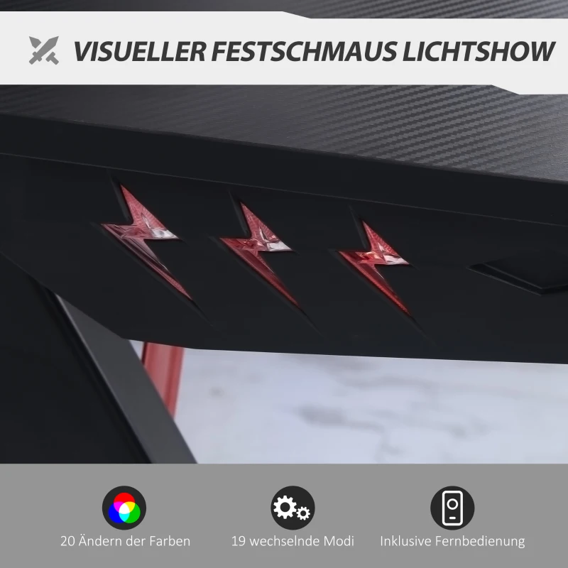 HOMCOM Gaming-Tisch Spieltisch mit LED-Licht Schreibtisch mit Kopfhörerhaken  Getränkehalterung Computertisch MDF Metall ABS Schwarz 120 x 60 x 73 cm
