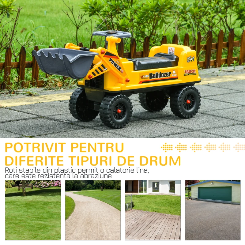 HOMCOM Buldozer de Jucarie cu Volan, Excavator Manual si Compartiment Ascuns Galben