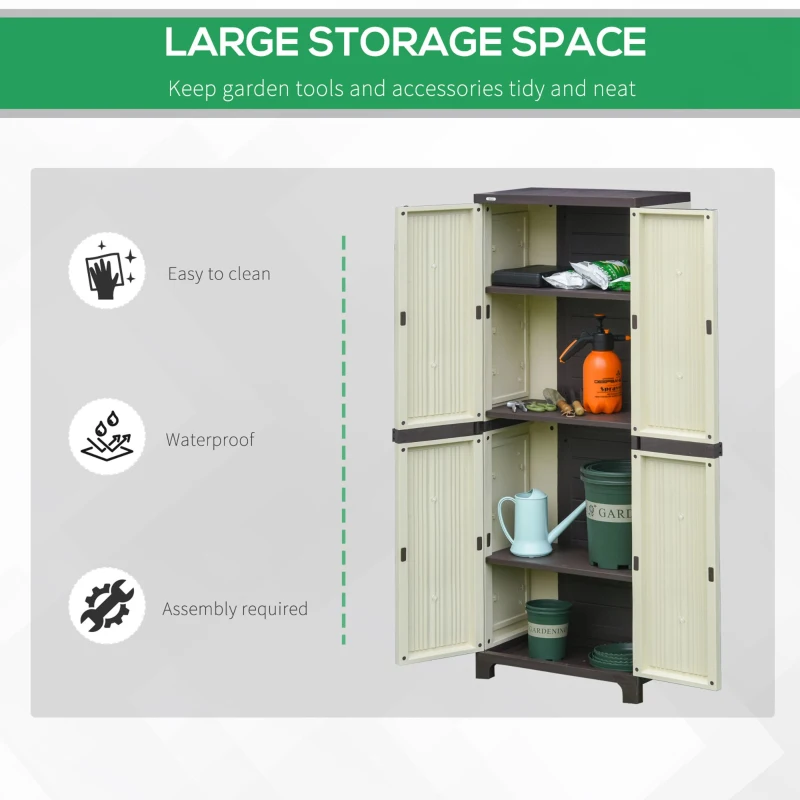 Outsunny Tall Plastic Utility Cabinet Garden Tool Shed Patio Double Door Storage Closet Wardrobe w/ Four Adjustable Shelves, 65x37x172cm, Beige