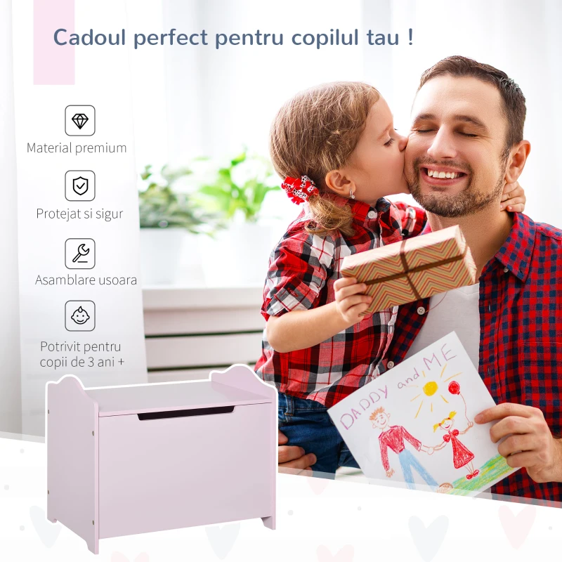 HOMCOM Cufar Jucarii din Lemn cu Capac Amortizat 60x40x48cm