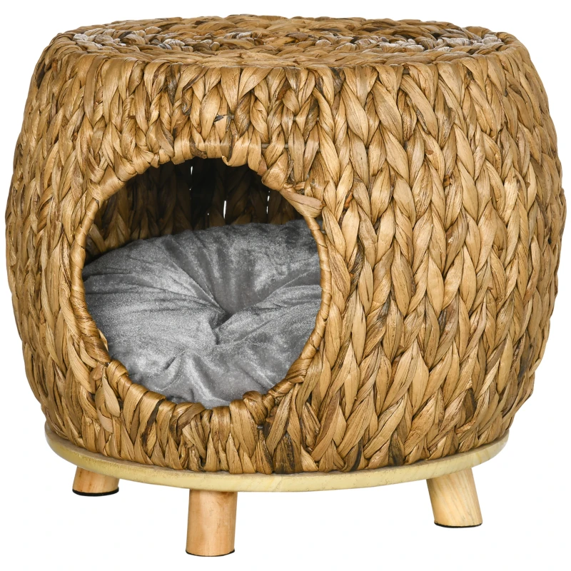 PawHut Wicker Cat Bed Cat House Stool with Washable Cushion, 44 x 43 x 41cm