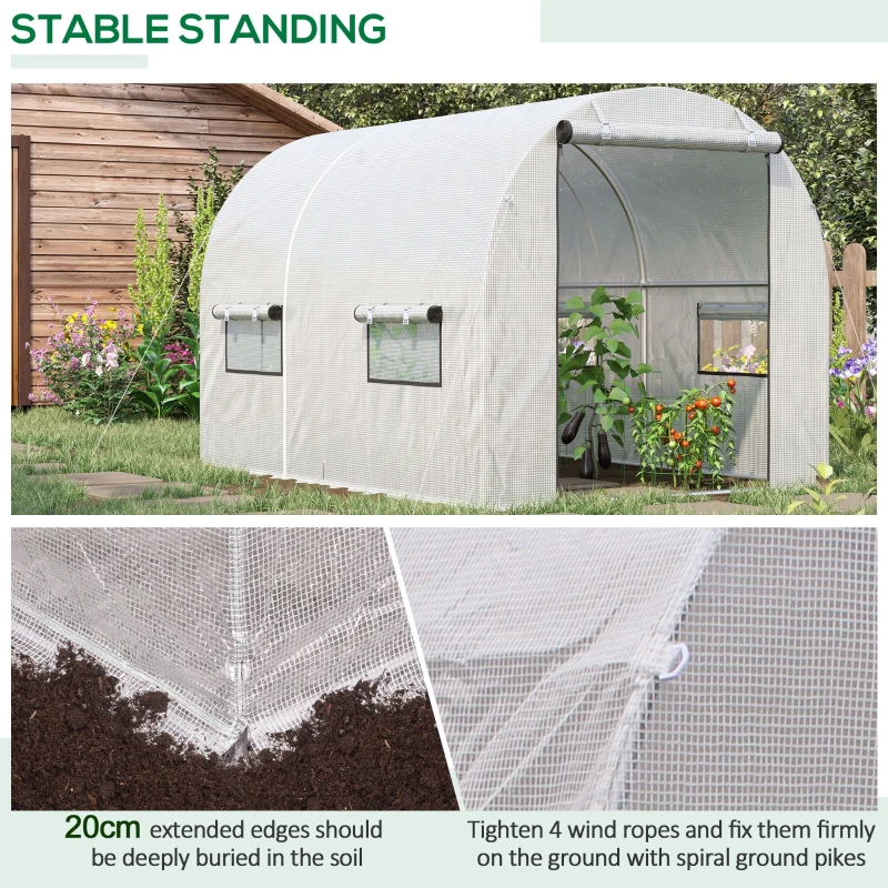 Outsunny 4L x 2W x 2H M Walk-in Polytunnel Greenhouse Outdoor Greenhouse with 2 Roll-Up Zipper Doors & 6 Windows, 25mm Diameter Galvanised Steel Frame, White