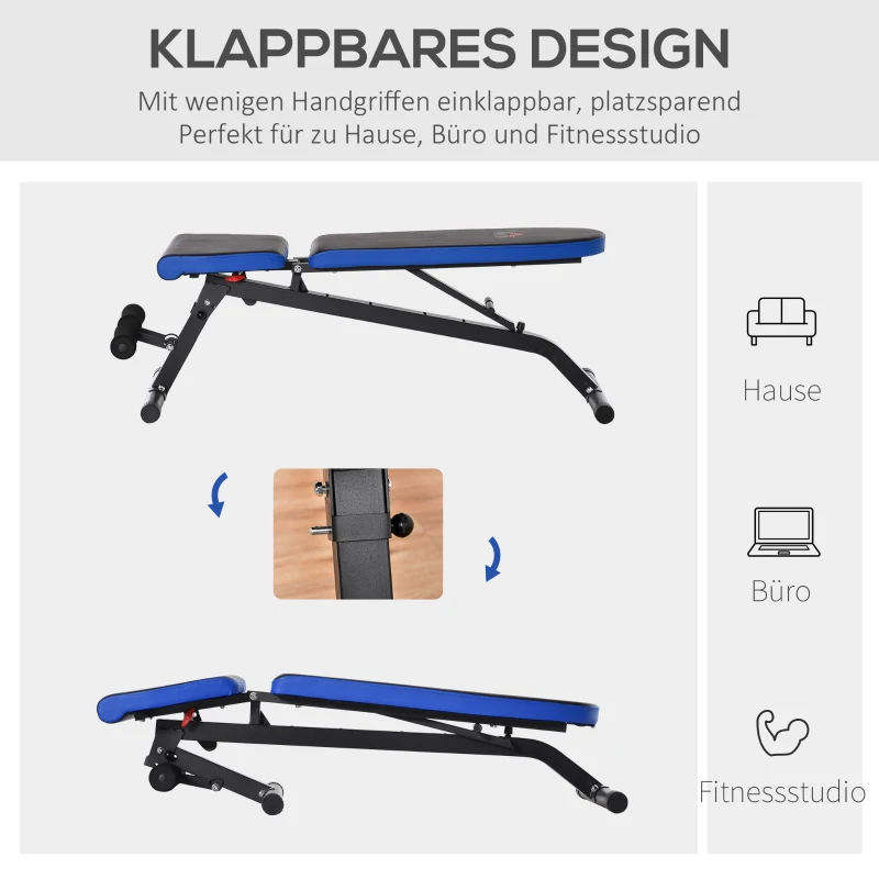 HOMCOM Hantelbank für Ganzkörpertraining Verstellbare Mehrzweck-Hantelbank Trainingsbank zusammenklappbar 110 kg Belastbarkeit Stahl Schwarz+Blau 142 x 46 x 50-132 cm