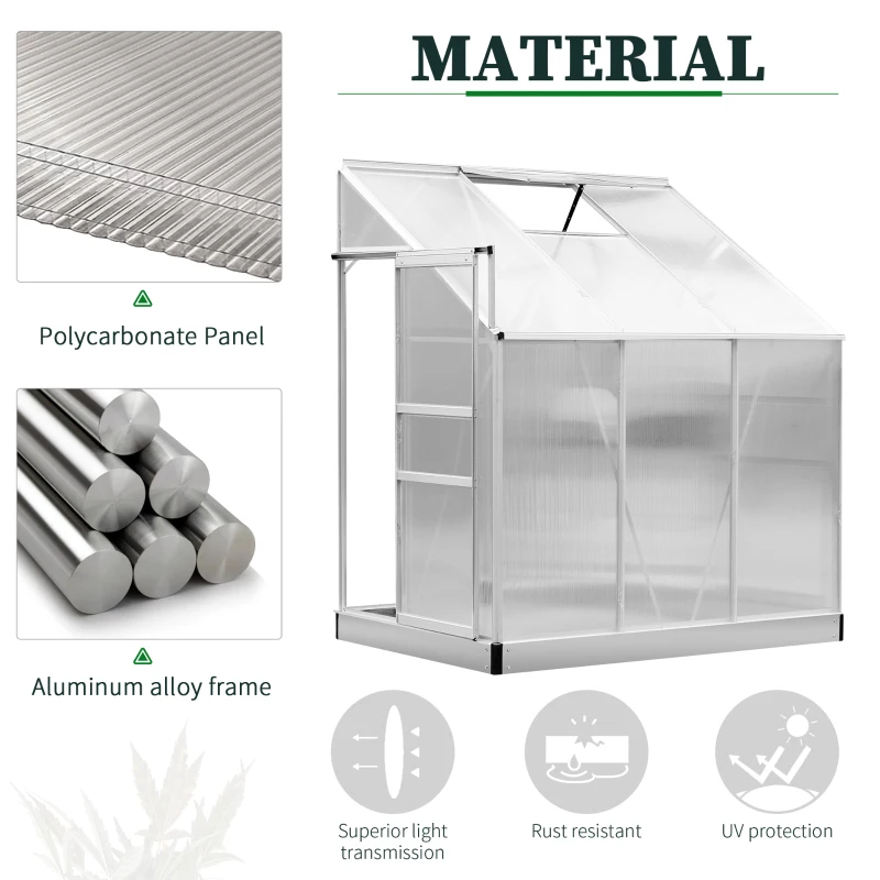 Outsunny 6 x 4FT Aluminum Lean to Greenhouse Garden Sun room Warm House Enclosure with Sliding Door and Top Window