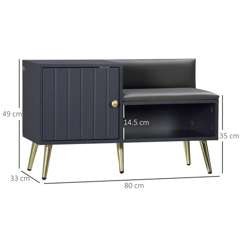 HOMCOM Dulap de pantofi de intrare cu scaun captusit, raft deschis si dulap, pentru 4 perechi de pantofi, lemn si metal, 80x33x49cm, gri