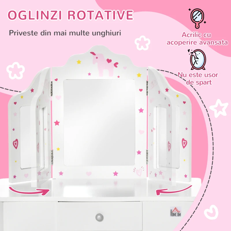 Homcom Set Masuta Machiaj Copii – Oglinda Rotativa + Taburet