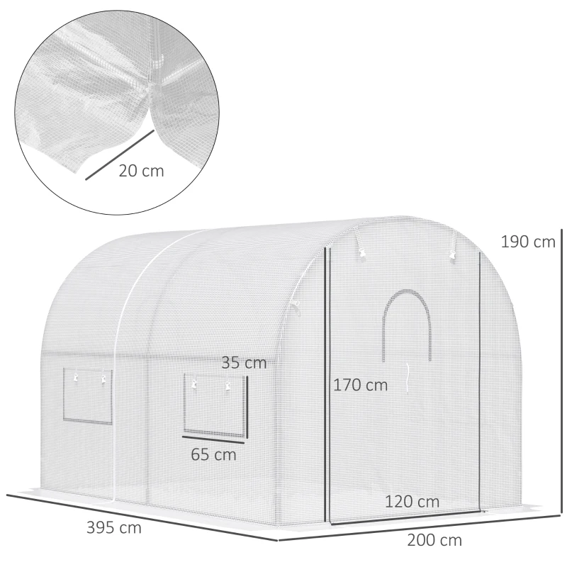 Outsunny 4L x 2W x 2H M Walk-in Polytunnel Greenhouse Outdoor Greenhouse with 2 Roll-Up Zipper Doors & 6 Windows, 25mm Diameter Galvanised Steel Frame, White