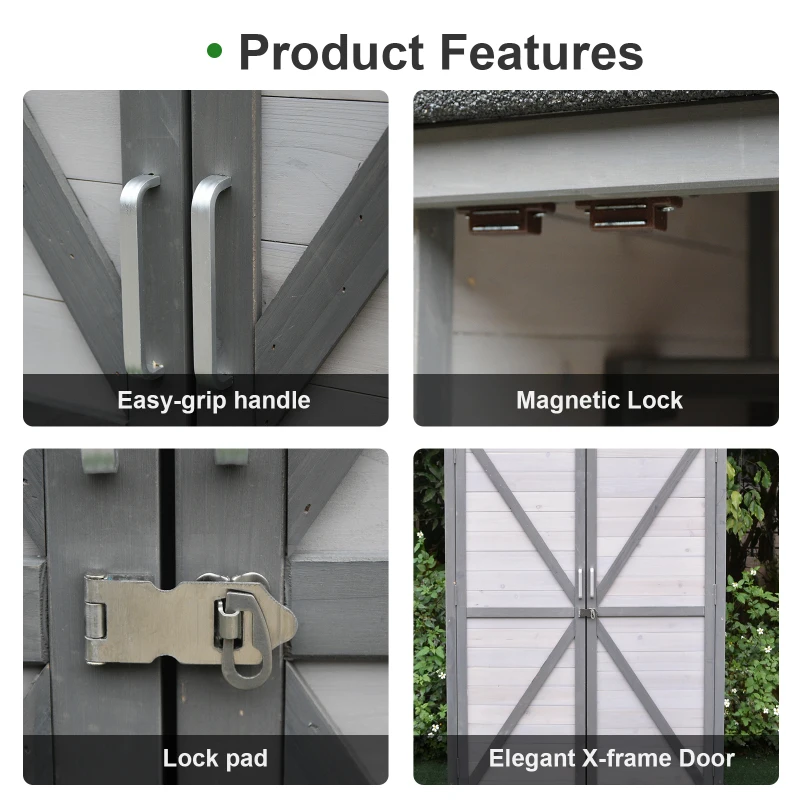 Outsunny Garden Shed Wooden Garden Storage Shed 160H x 100L x 60Wcm 3 Tier Shelves 2 Doors Tilted Asphalt Roof Outdoor Tools Equipment Storage - Grey