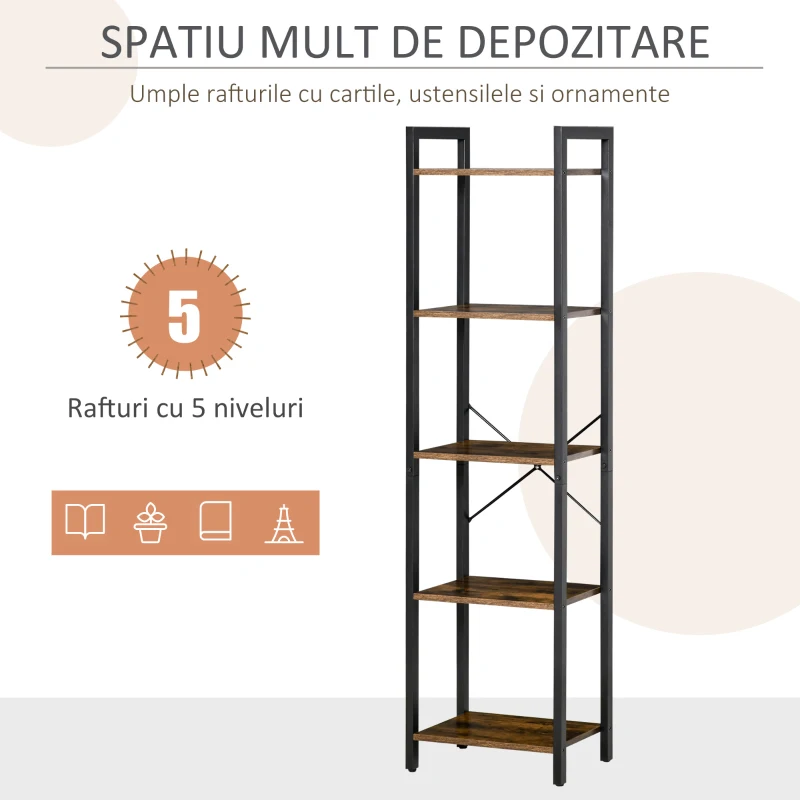 HOMCOM Bibliotecă stil industrial cu 5 rafturi din lemn și oțel, 40x30x154cm - Maro rustic
