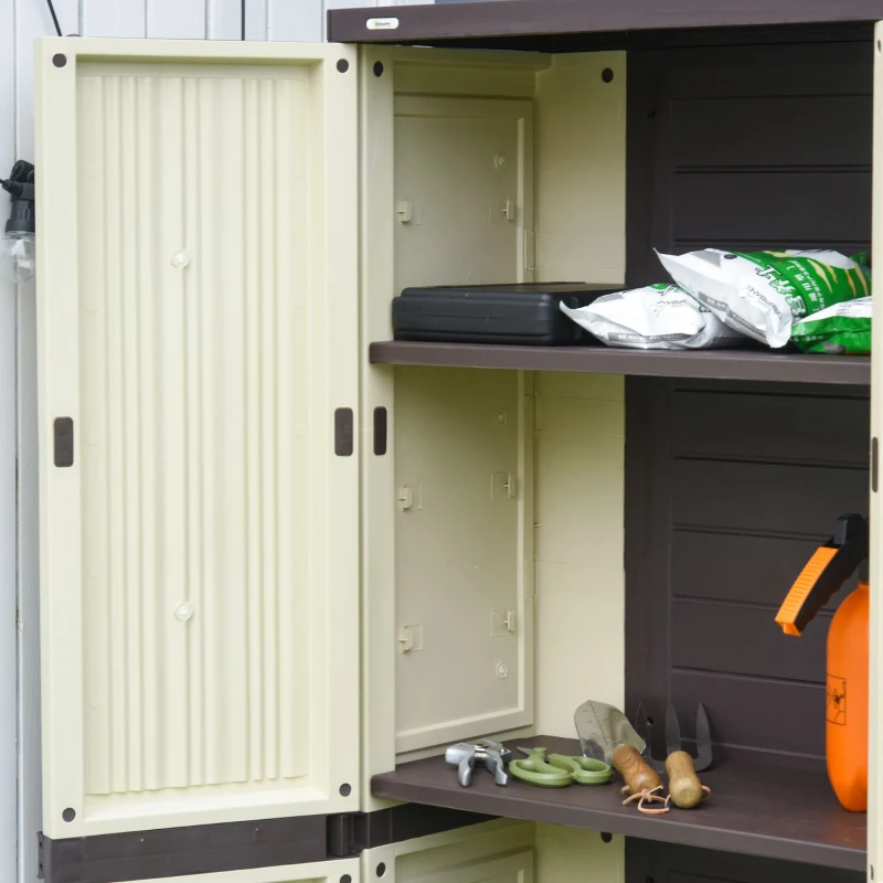 Outsunny Tall Plastic Utility Cabinet Garden Tool Shed Patio Double Door Storage Closet Wardrobe w/ Four Adjustable Shelves, 65x37x172cm, Beige