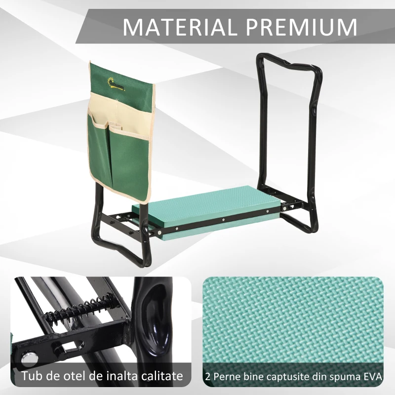Outsunny Bancă de grădină 2 în 1 cu protecție pentru genunchi, pernuțe din spumă EVA și geantă pentru depozitare, 58x28x49 cm, Verde