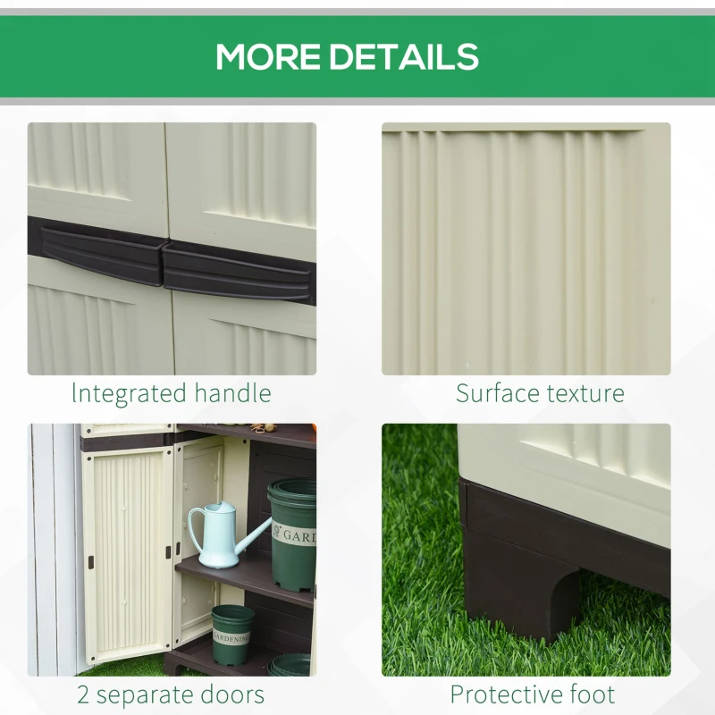 Outsunny Tall Plastic Utility Cabinet Garden Tool Shed Patio Double Door Storage Closet Wardrobe w/ Four Adjustable Shelves, 65x37x172cm, Beige