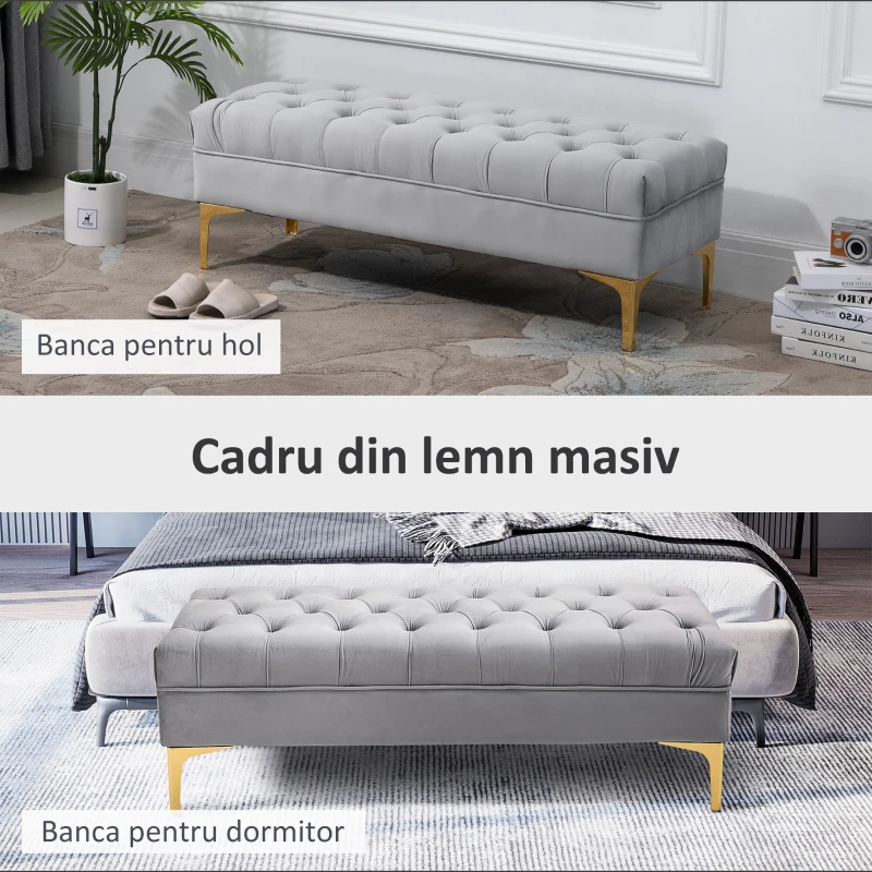 Homcom Banca Capat Pat – Catifea Gri, Tapitata cu Detalii Decorative