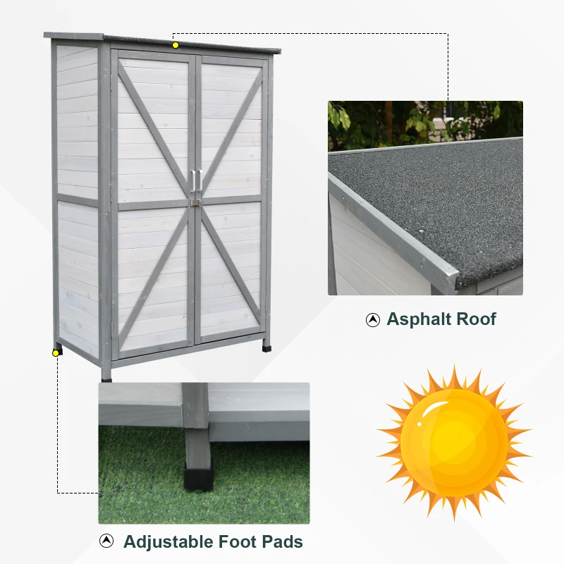 Outsunny Garden Shed Wooden Garden Storage Shed 160H x 100L x 60Wcm 3 Tier Shelves 2 Doors Tilted Asphalt Roof Outdoor Tools Equipment Storage - Grey