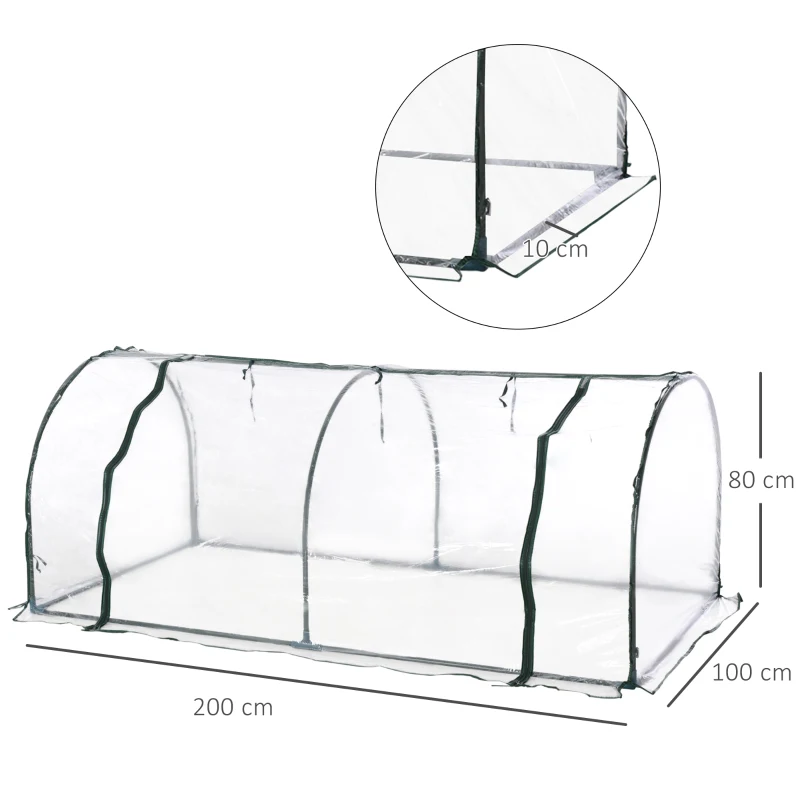 Outsunny Mini Greenhouse, Small Polytunnel Green House with Zipped Doors, Steel Frame for Garden Patio, 200 x 100 x 80cm, Clear
