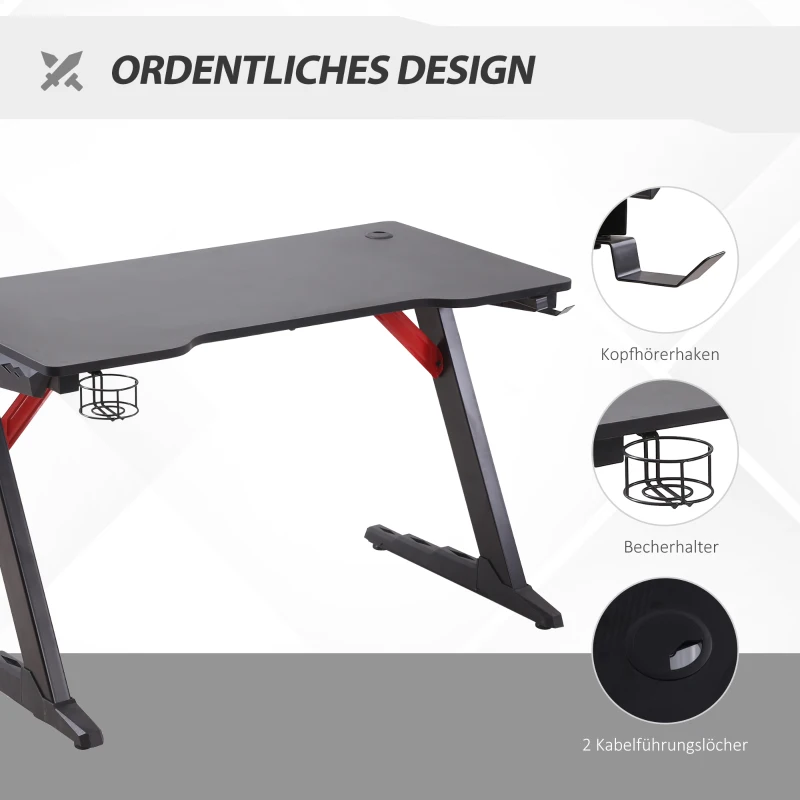 HOMCOM Gaming-Tisch Spieltisch mit LED-Licht Schreibtisch mit Kopfhörerhaken  Getränkehalterung Computertisch MDF Metall ABS Schwarz 120 x 60 x 73 cm