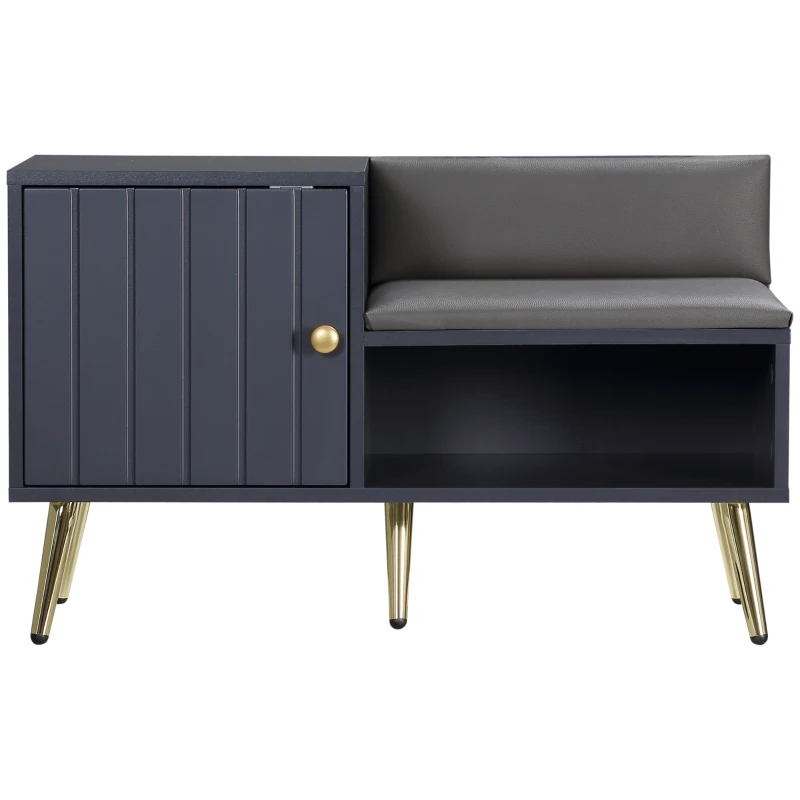 HOMCOM Dulap de pantofi de intrare cu scaun captusit, raft deschis si dulap, pentru 4 perechi de pantofi, lemn si metal, 80x33x49cm, gri