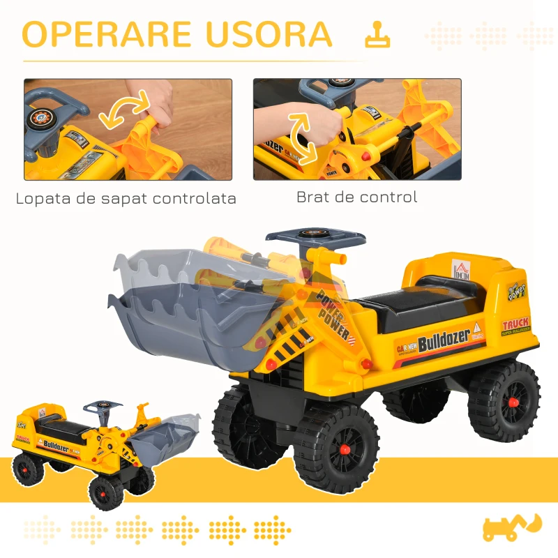 HOMCOM Buldozer de Jucarie cu Volan, Excavator Manual si Compartiment Ascuns Galben