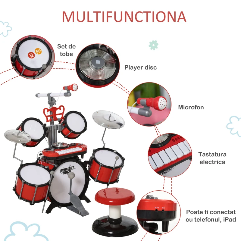 Homcom Set Toba Copii – Rosu, cu Microfon & Efecte Sonore
