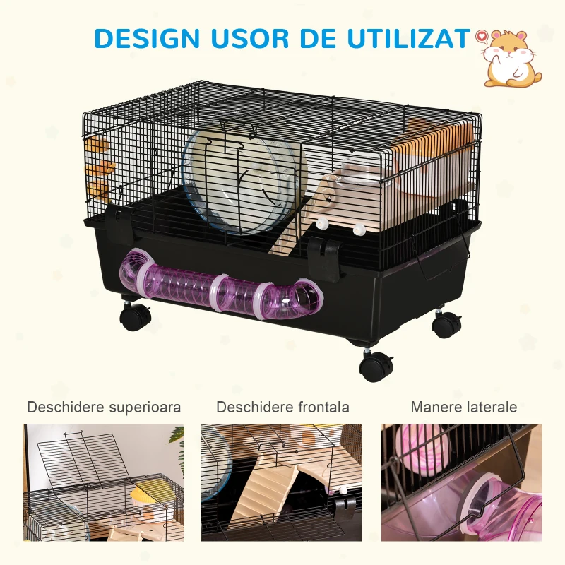 Pawhut Cusca pentru Hamsteri – Cu Casuta, Tunel, Roata & 4 Roti