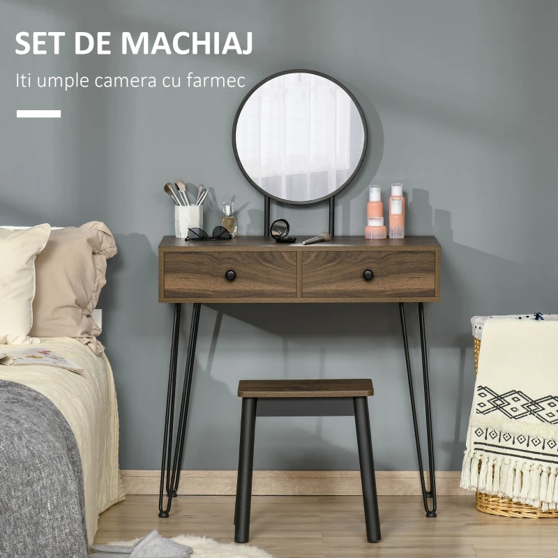 HOMCOM Masa de Machiaj in Stil Industrial, Set Masa de Toaleta cu Taburet si Oglinda de Machiaj, Postatie de Machiaj din Lemn si Metal pentru cameră