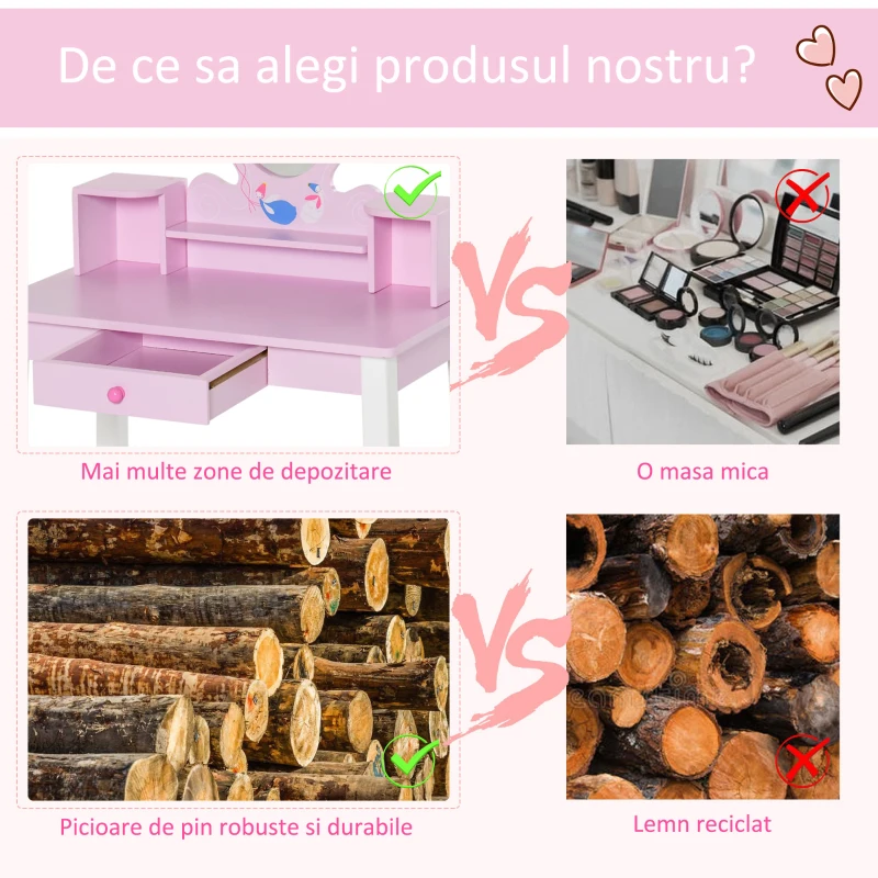 HOMCOM set masa de toaleta cu oglinda si scaun, 60x34x93 cm