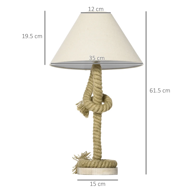 HOMCOM Nautical Style Table Lamp with Fabric Lampshade, Twisted Rope Bedside Lamp for Bedroom, Study Room, Living Room, Beige