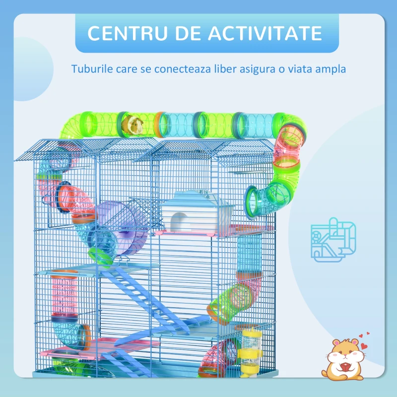 Pawhut Cusca Hamsteri 5 Etaje – Albastra cu Accesorii Incluse