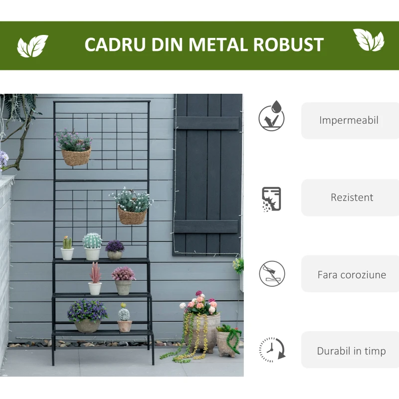 Raft Suport pentru plante Outsunny cu 3 Etajere di Panou Posterior, Jardiniera Verticala pentru Plante Cataratoare, din Metal Negru