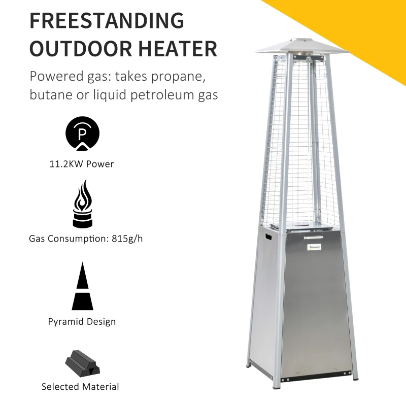 Outsunny Heater for Camping in Tent, 11.2KW Stainless Steel Garden Freestanding Tower Heater w/Wheels Cover Silver