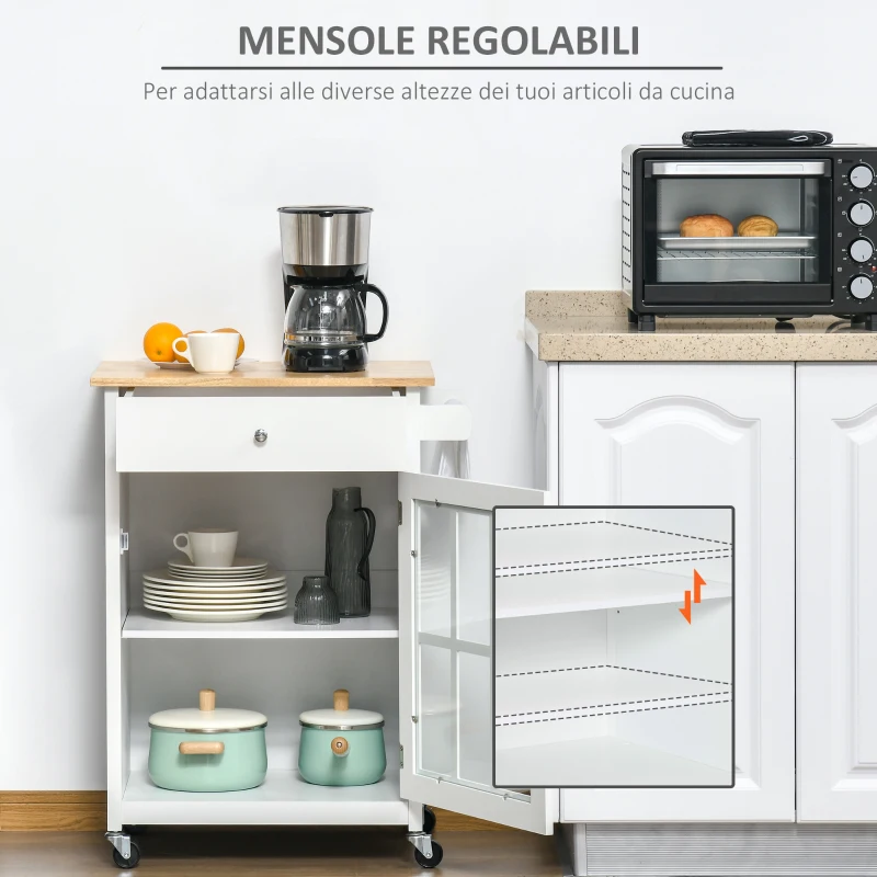 HOMCOM Carrello da Cucina Multiuso con 4 Ruote, in Legno Bianco, 67x48x86.5cm